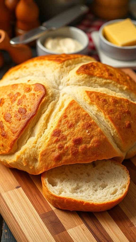 A round loaf of freshly baked sandwich bread on a cutting board with slices cut, butter on the side.